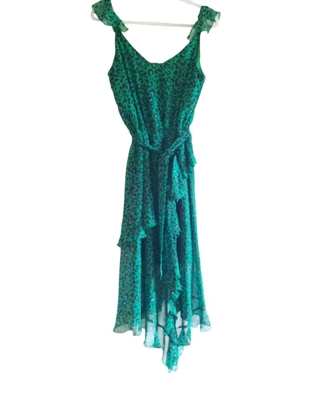 INC International Concepts Teal Green Animal-Print Asymmetrical Ruffle Dress
